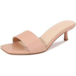 Women's Nude Kitten Heels Sandal Heeled Slides Square Open Toe One Band Slip On